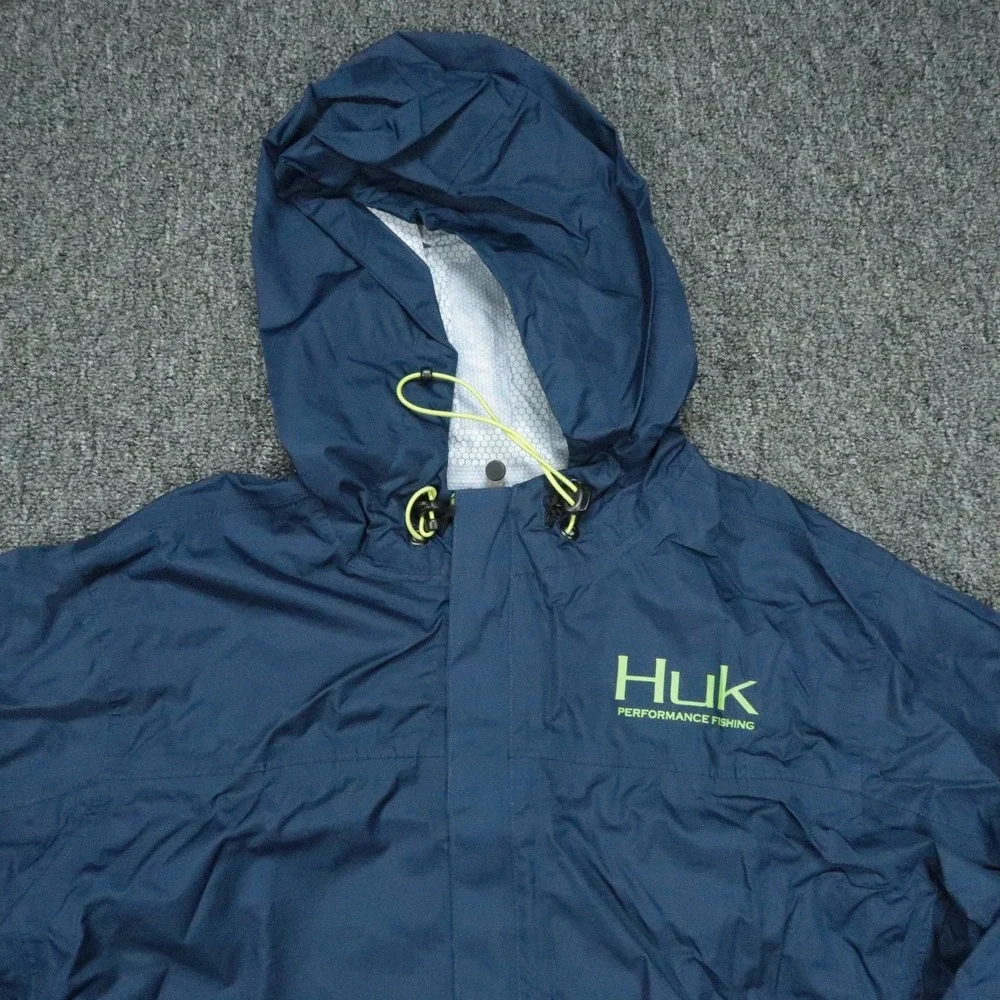 Huk Jacket Mens Medium Blue Fishing Waterproof Hooded Windbreaker Lined